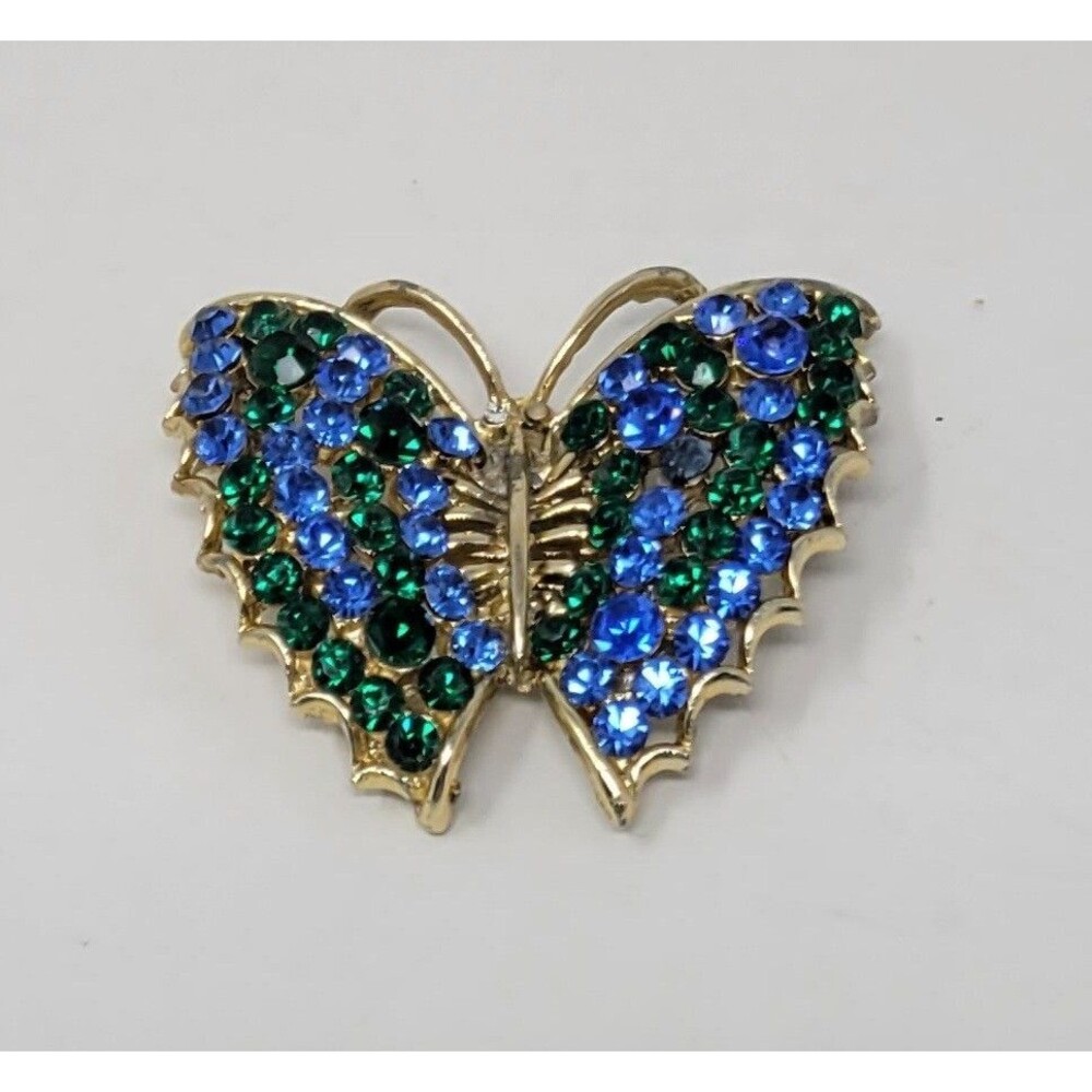 Butterfly Brooch Gold Tone Blue Rhinestones Wearable Art Mid Century Vintage EUC